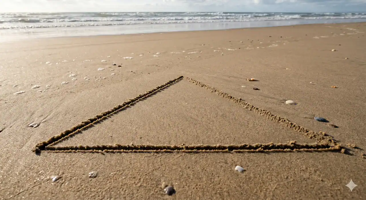 Dramadriehoek getekend in het zand, symbool voor de rollen van slachtoffer, redder en aanklager.